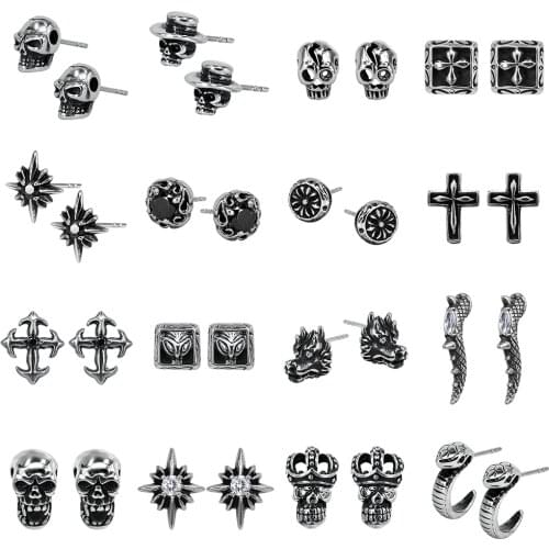 ZS 16 Styles Punk Skull Black Stud Earrings for Men Women 316L Stainless Steel Earring Boys' Hip Pop Ear Piercing Gothic Jewelry