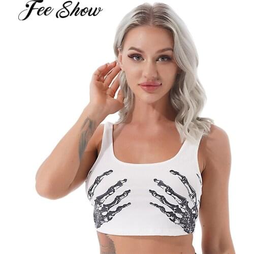 Fashion Women Summer Modern Dance Top Casual Dancing Sportswear Sleeveless Halloween Five-finger Skeleton Print Crop Vest Tops