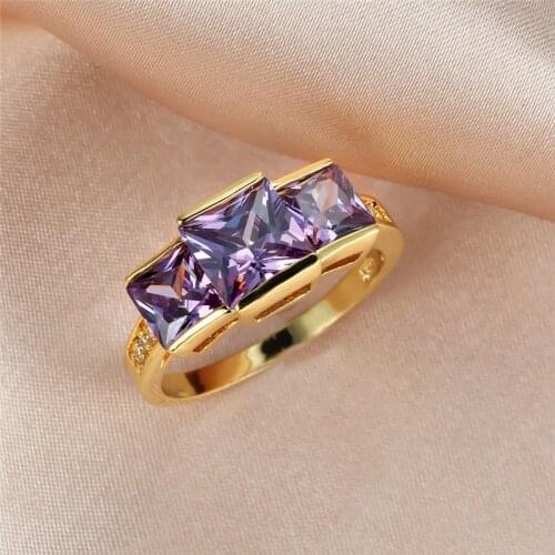 Vintage Female Purple Crystal Stone Jewelry Charm Gold Color Thin Wedding Rings For Women Luxury Square Zircon Engagement Ring