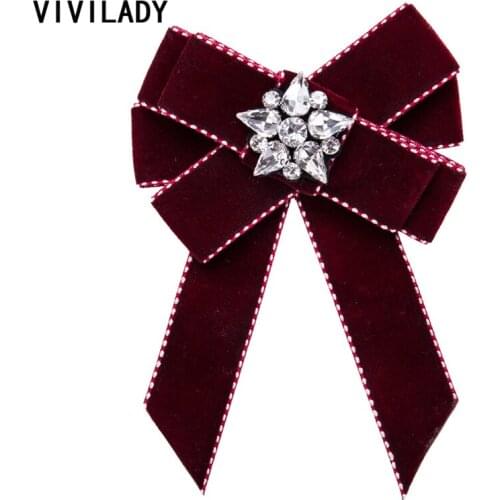 VIVILADY Fashion Handmade Velvet Bowknot Brooch Statement Crystal Breastpin Pin Women Cravat Tie Bijoux Jewelry Party Gifts