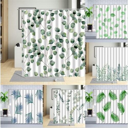 Green Leaf Shower Curtain Plant Branches Watercolor Leaves Modern Printing Bathroom Decor Bathtub Screen Hanging Curtains Set