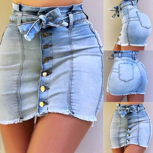 Women Blue Skinny Denim Skirt Casual High Waist Denim Skirt Summer High Street Pockets Button All-matched Jeans Skirt Mini Skirt