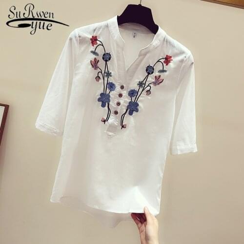 Womens tops and blouses women shirts white blouse plus size women Embroidery V-Neck women shirts 2021 summer new 3140 50