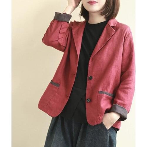 2021 Spring New Arts Style Double Pocket Loose Casual Solid Blazer Femme Coat Long Sleeve Cotton Linen Women Blazers