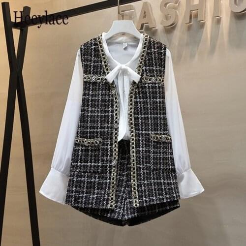 Plus Size Autumn Office Ladies Tweed 3 Piece Sets Women Tweed Pocket Vest + Bow Collar Chiffon Shirt + Wide Leg Shorts Suit 4XL