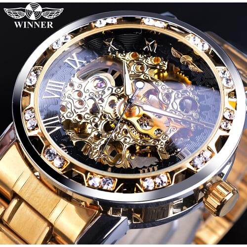 Winner Golden Watches Classic Rhinestone Clock Roman Analog Male Skeleton Clocks Mechanical Stainless Steel Band Luminous Watch