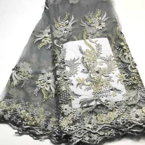 2021 Latest Nigerian Laces Fabrics Gray High Quality African Laces Fabric For Wedding Dress French Tulle Lace With Beads M3121