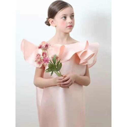 2021 New Summer Children Girls Party Dress Pink Satin Silk Solid High Quality Formal Ruffled Collar Flower Kids Show Dresses