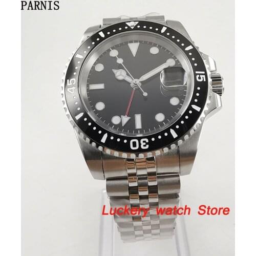 40mm Parnis Black Ceramic Bezel black dial red GMT luminous marks sapphire glass automatic Mens Watch-PA75