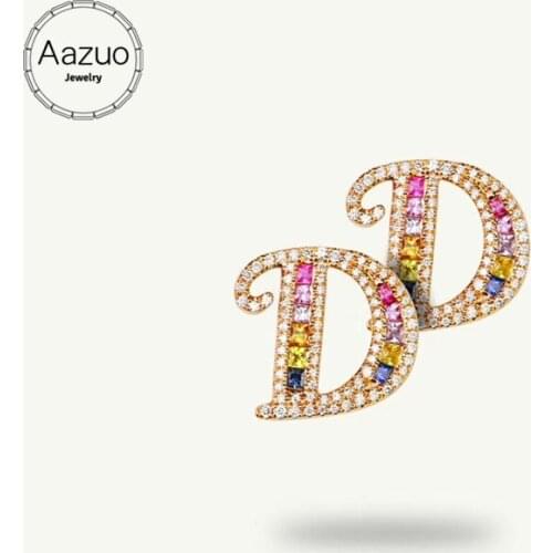 Aazuo 18K Jewelry Rose Gold Natural Coloured Gemstone Real Diamond Initial Lucky 26 Letters Stud Earring gifted for Women Au750