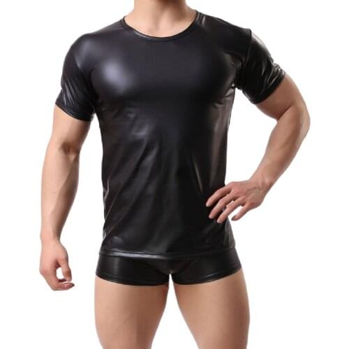 PU Faux Leather T-shirt Hot Sexy Club Dance Clothing Light Standard Mens Short Sleeve O collar Tshirts Tops Tees Plus Size