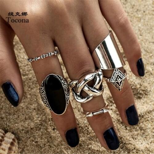Tocona 6pcs/set Bohemia Antique Silver Color Cross Arrow Black Rhinestone Charm Rings Sets for Women Party Jewelry кольца 3450