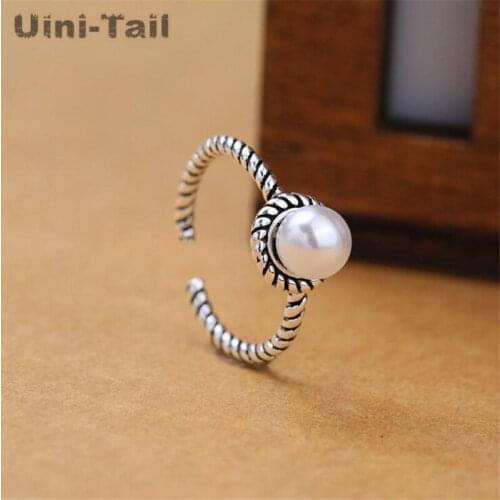 Uini-Tail new 925 sterling silver Europe and the United States retro old pearl ring simple fashion ethnic wind twist pearl ring