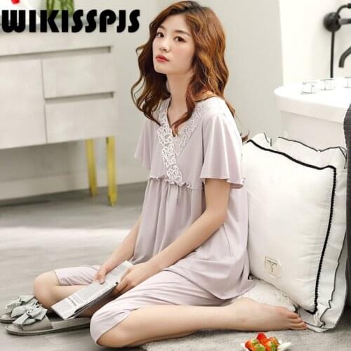WIKISSPJS2021 New Pajamas Womens Summer Modal Short Sleeve Capris Korean Flower Pattern Home Wear Womens Summer Two Piece Suit