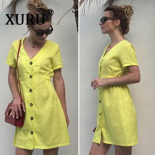 XURU summer new womens dress solid color V-neck slim single-row button dress