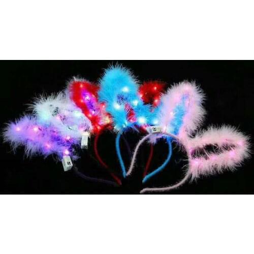 New feather luminous flashing LED birthday christmas party ears hairband 14 lamp luminous colorful rabbit ears headdress factory