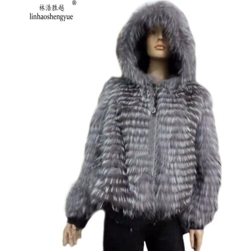 Linhaoshengyue Real Fox Fur Coat with Hooded Long-Sleeved Coat
