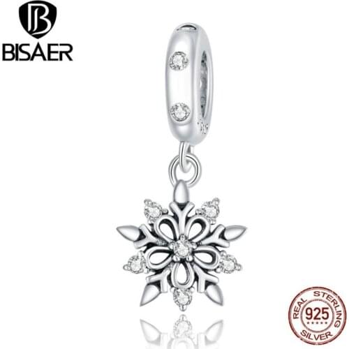 BISAER Crystal Snowflake Beads 925 Sterling Silver AAA Zircon Geometry Charms Pendant Fit Bracelet Necklace Accessories ECC1649