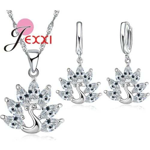 Luxury Design Peacock 925 Sterling Silver Flower Crystal Pendant Necklaces Hoop Earrings Jewellery Sets For Women