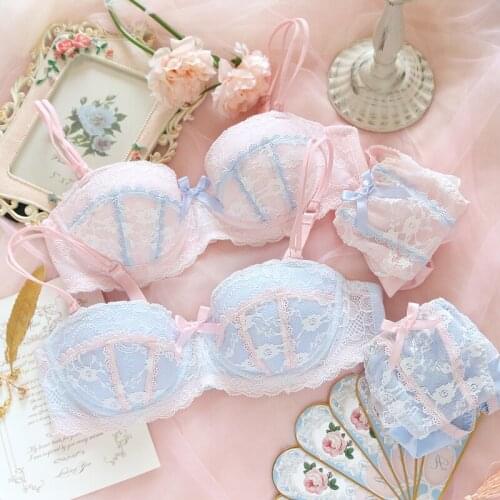 Pink Blue Japanese Sexy Lolita Lovely Lace Trim Bow Bra & Brief Sets Womens Small Fresh Push Up Underwire Underwear Set Student