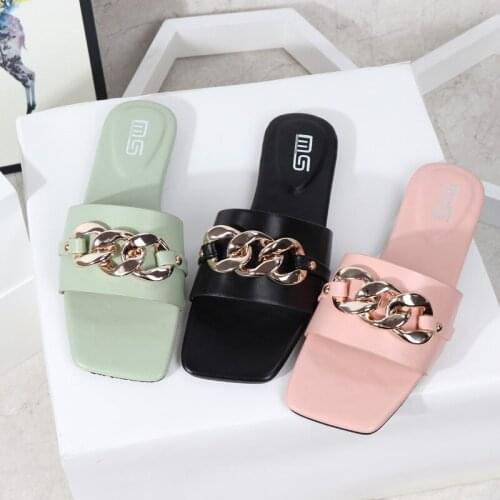 Chain Metal Women Sandals Casual Flat Shoes New Summer Buckle Slippers Flip Flops Ladies Beach Sandals For Outer Wear