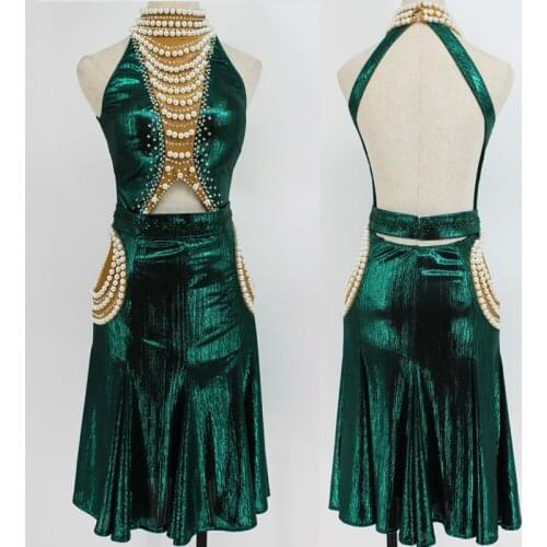 Sexy Latin Dance Dress Backless Performance Costume Adult/Children Party Club Competition Suit Pearl Mesh Latina Dress BL4604