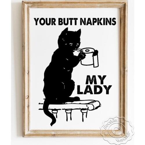 Humor Funny Quotations Restroom Poster, Lovely Cat Black White Toilet Canvas Painting, Modern Minimalism Lavatory Wall Decor