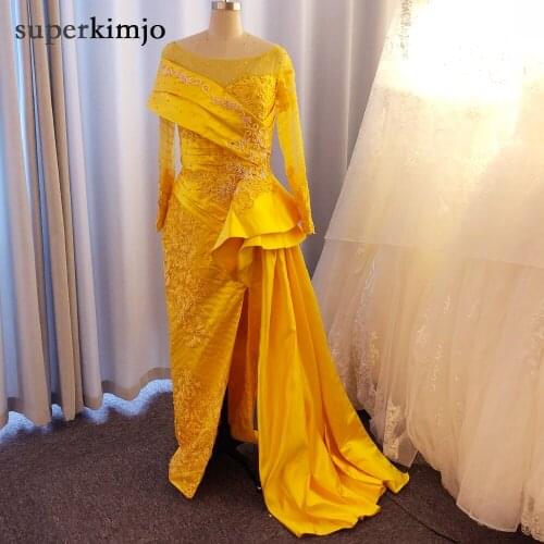 SuperKimJo Vestidos Elegantes Yellow Mermaid Evening Dresses Long Sleeve Lace Applique Beaded Elegant Cheap Evening Gown