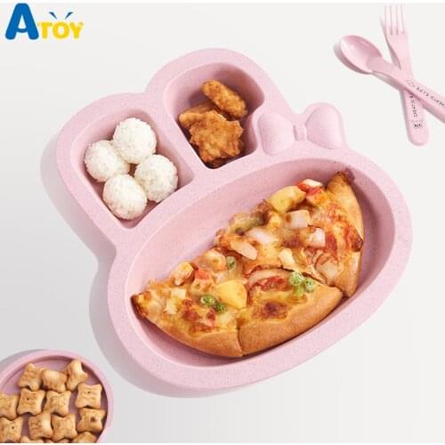 Atoy Baby bowl spoon fork Feeding Food Tableware Cartoon Rabbit Kids Dishes Eating Dinnerware Anti-hot Training Dinner Plate