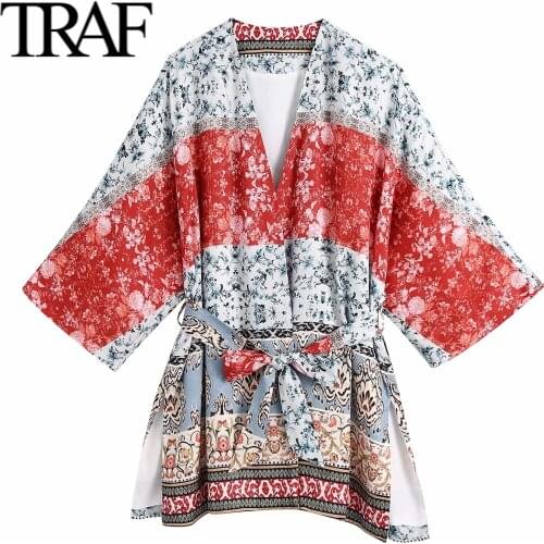 TRAF 2021 Spring Autumn Women Clothes Chic Fashion Jacket Coats Boho Vintage Printed Tunic Oversized Ladies Jackets