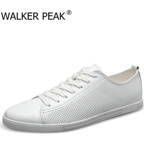 Summer Breathable Mens Casual Shoes Lace Up Fashion Adult Genuine Leather Board Shoes Men White Walking Male Flats 2021 New