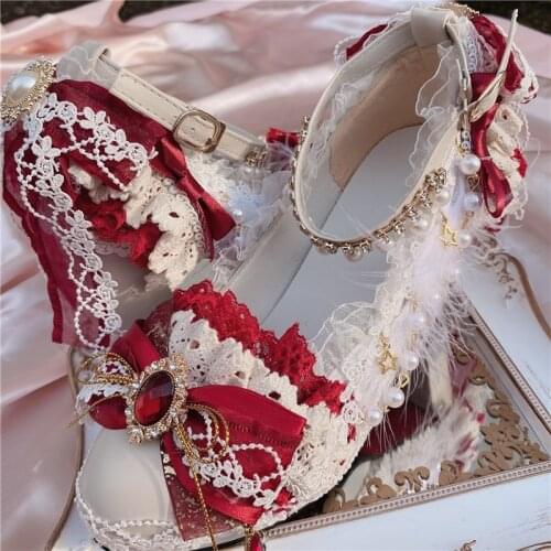 Tea Party Hands Made Wine Red White High Heel 8cm Cosplay Chunky Heel Lolita Shoes Kawaii Sweet Girls Pointed Toe Wedding Shoe
