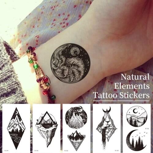 Temporary Tattoos Black White Mountain River Moon Element Design Sexy Fake Sleeve Waterproof Tattoo Stickers Cool Man Body Art
