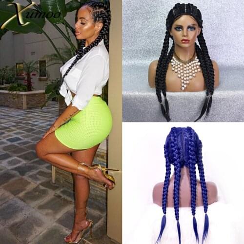 Xumoo Braided Synthetic Wig Heat Resistant Black Blue Wig With Baby Hair None Lace Twist Braided Wigs For Black Women Peruka