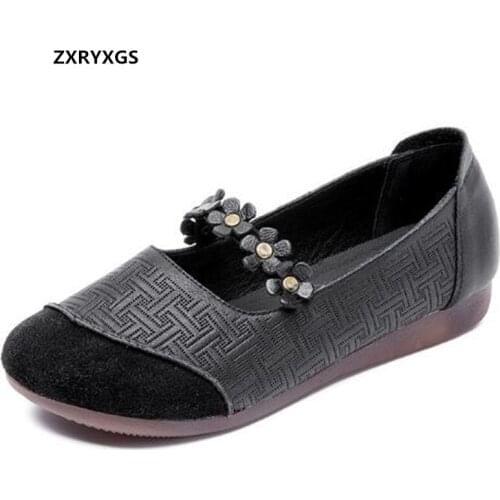 2021 Classic Retro Splicing Genuine Leather Shoes Women Trend Shoes Flat Soft Sole Wear Comfort Fashion Shoes Women Flat Shoes