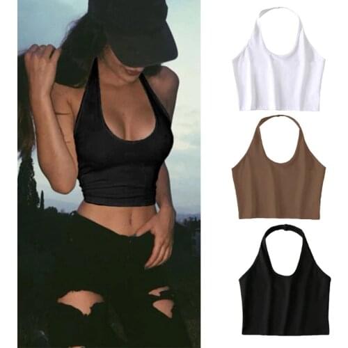 Women Halter Neck Sleeveless Crop Top Sexy Low Cut O Neck Solid Color Cami Tank Vest Backless Bodycon Basic Bralette