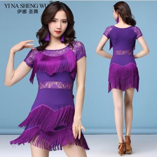 New Fashion Women Latin Dance Costume Set Dress Salsa Samba Short Sleeves Floral Lace Tassel Women Latin Dance Dresses