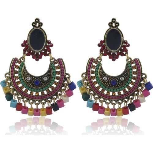 Afghan Jhumka Earrings Antique Gold Colorful Stone Long Drop For Wedding Indian Traditional Nepal Thailand Ethnic Jewelry
