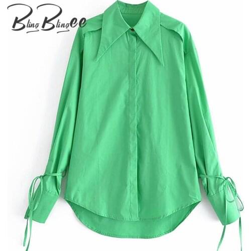 BlingBlingee Za 2021 Summer Woman High Low Tops Traf Drop Shoulder Tie Cuff Long Sleeve Casual Loose Shirt Green Female Blouses