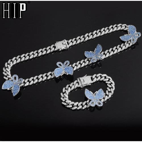 Hip Hop Iced Out Paved Rhinestones 13MM Full Miami Curb Cuban Chain With Butterfly Necklaces Bracelet For Men Jewelry