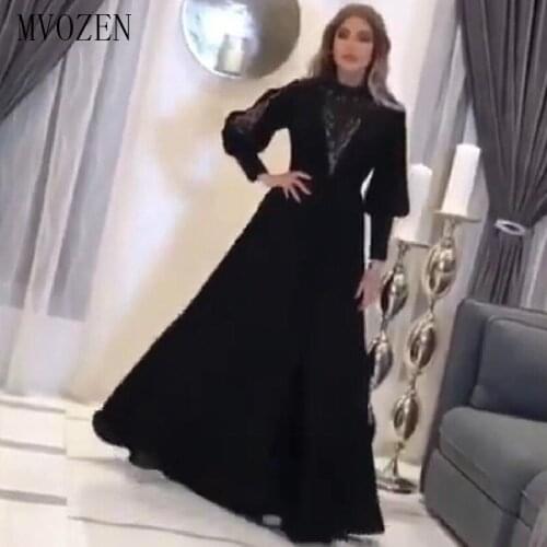 Vestiti da sera Black Evening Dresses Chiffon A-Line Full Sleeves Beaded Long Evening Dress Formal Gowns Party Dress vestidos