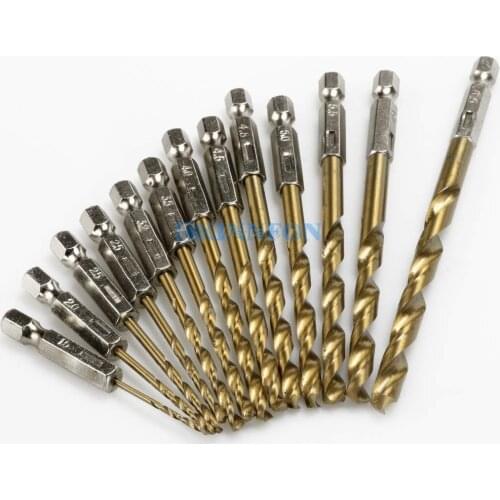 DHL 50Set High Speed Steel 13pcs Titanium Coated Drill Bit Set Hex Shank 1.5-6.5mm Wood Plastic Tool Set