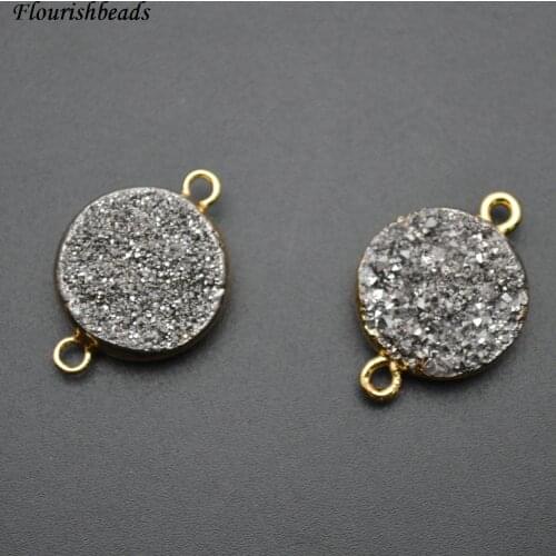 Two Loops Silver Drusy Agate 16mm Flat Round Coin Shape Stone Beads Jewelry Connectors Necklace Links 5pc per lot