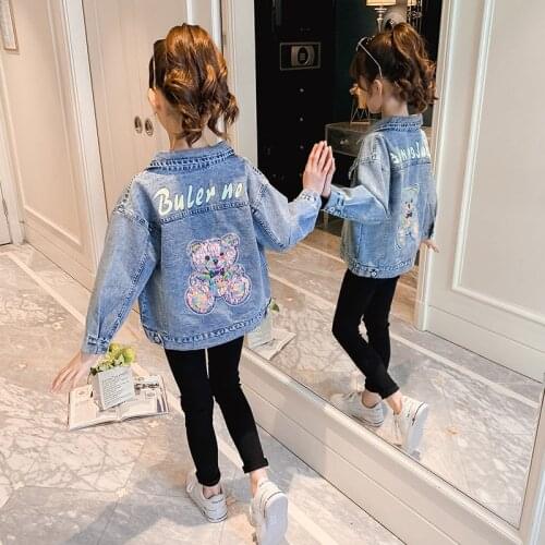 Girls Jeans Jackets Children Girls Denim Jacket 2021 Spring New Loose Sequins Bear Letters Kids Fashion All-match Clothes Coats
