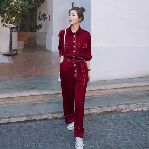 Spring Fall Women Fashion Elegant Single Breasted Long Sleeve Shirt Jumpsuit Female Slim One Piece Straight Pants Overalls 9908