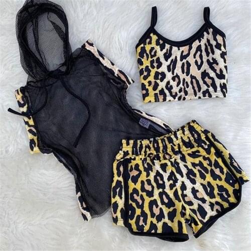 2-7Y Fashion Toddler Kids Girls Clothes Sets 3pcs Mesh Sleeveless Vest Tops+Hooded Net Tops+Leopard Shorts Outfit