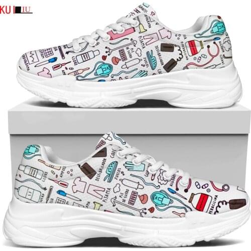 KUILIU Kawaii Medical Icons Design Nurse Womens Shoes Lace Up Ladies Platform Sneakers Increasing Casual Comfort Flat Mesh Shoe