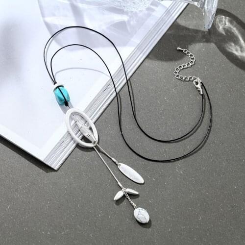 Fashion Silver Color Leaf Green Stone pendant Wonen Jewelry Long Chain Choker Trendy Statement Necklace collare mujer colar 2020
