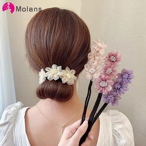 Molans Women Elegant Bud Chiffon Flowers Bun Maruko Hairstyles Sweet Headband Hairbands Hairpins Clips Fashion Hair Accessories