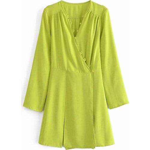 New Women Vogue Buttoned Side Slit Solid Mini Dress V-Neck Long Sleeve Vintage Female Dresses Femme Robe